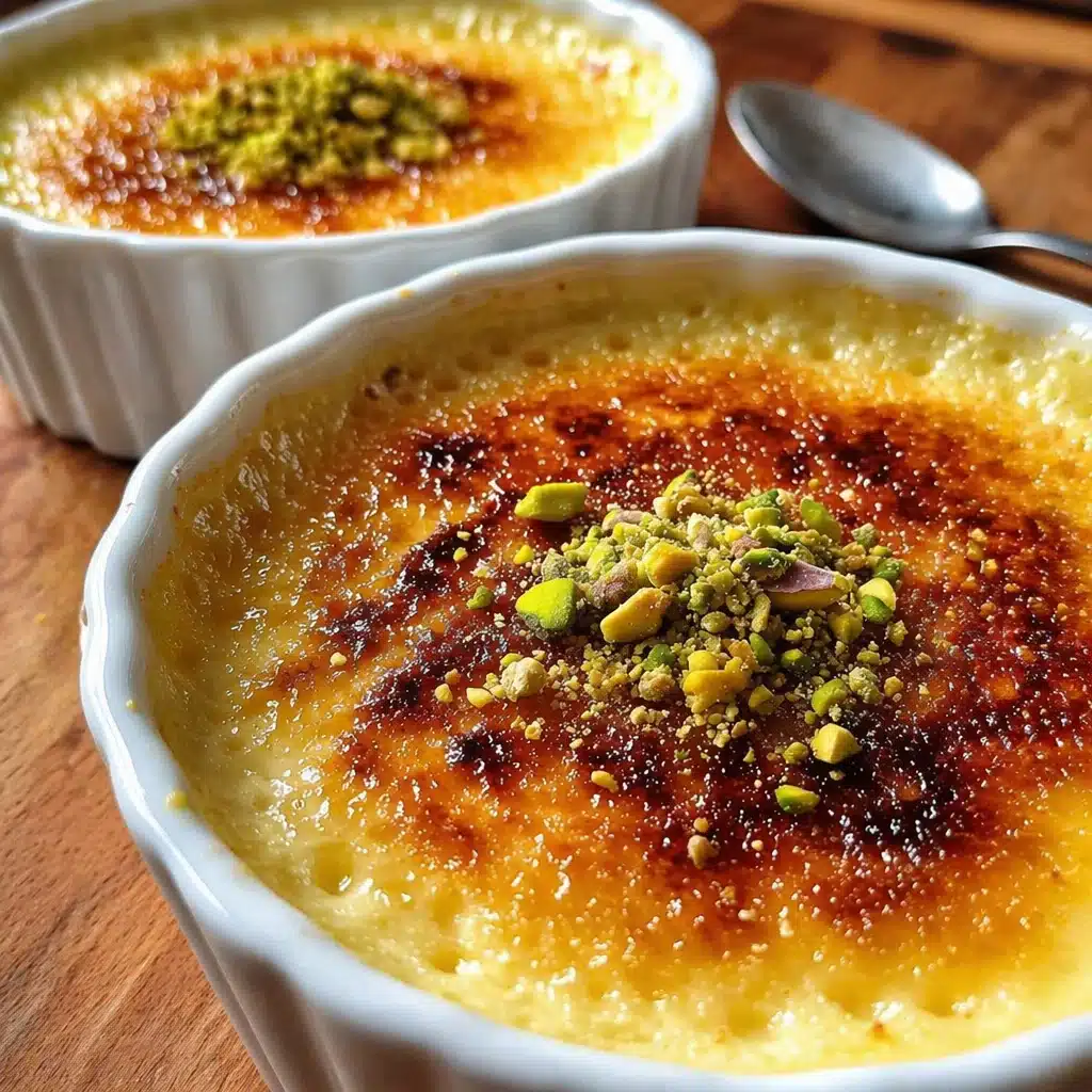 Delicious Pistachio Ricotta Crème Brûlée garnished with chopped pistachios.
