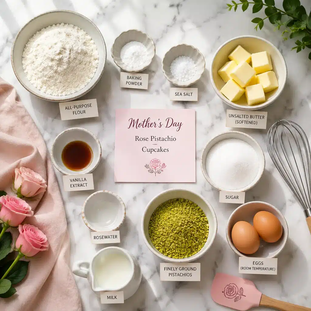 Delicious Mother’s Day Rose Pistachio Cupcakes with Tender Crumb