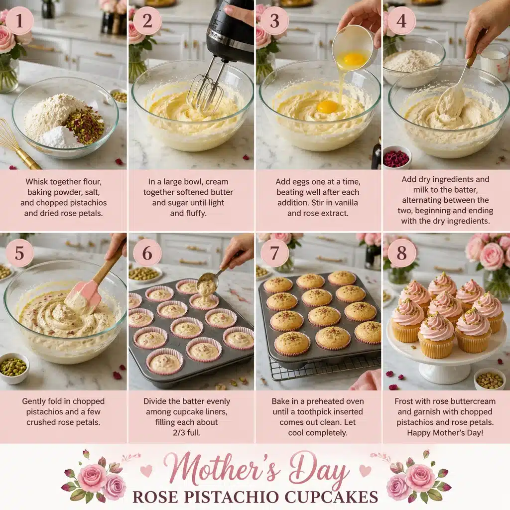 Mother’s Day Rose Pistachio Cupcakes (Bakery-Style, Tender Crumb)