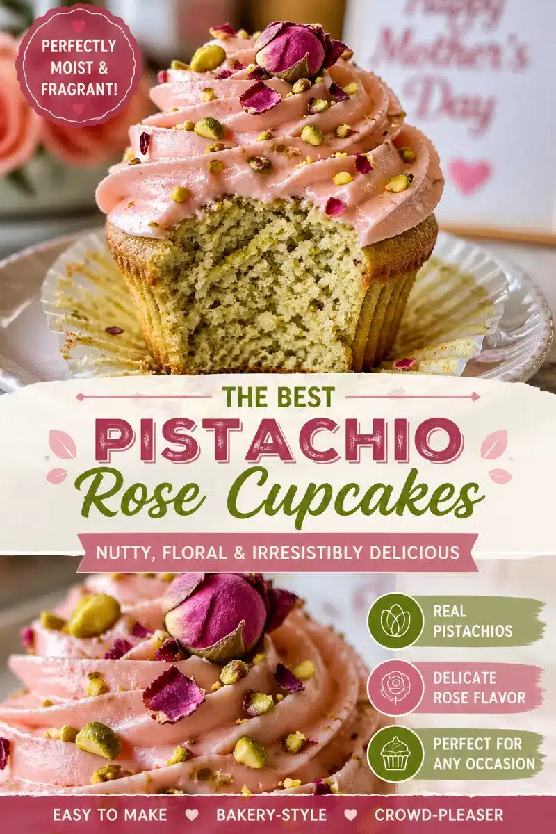 Delicious Mother’s Day Rose Pistachio Cupcakes with Tender Crumb