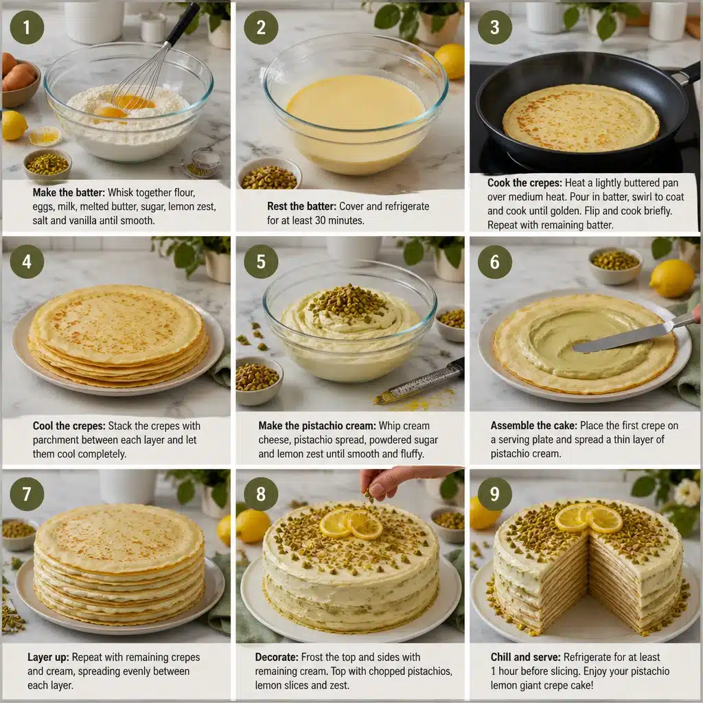Pistachio Lemon “Giant Crepe” Brunch Cake (Light & Fluffy)