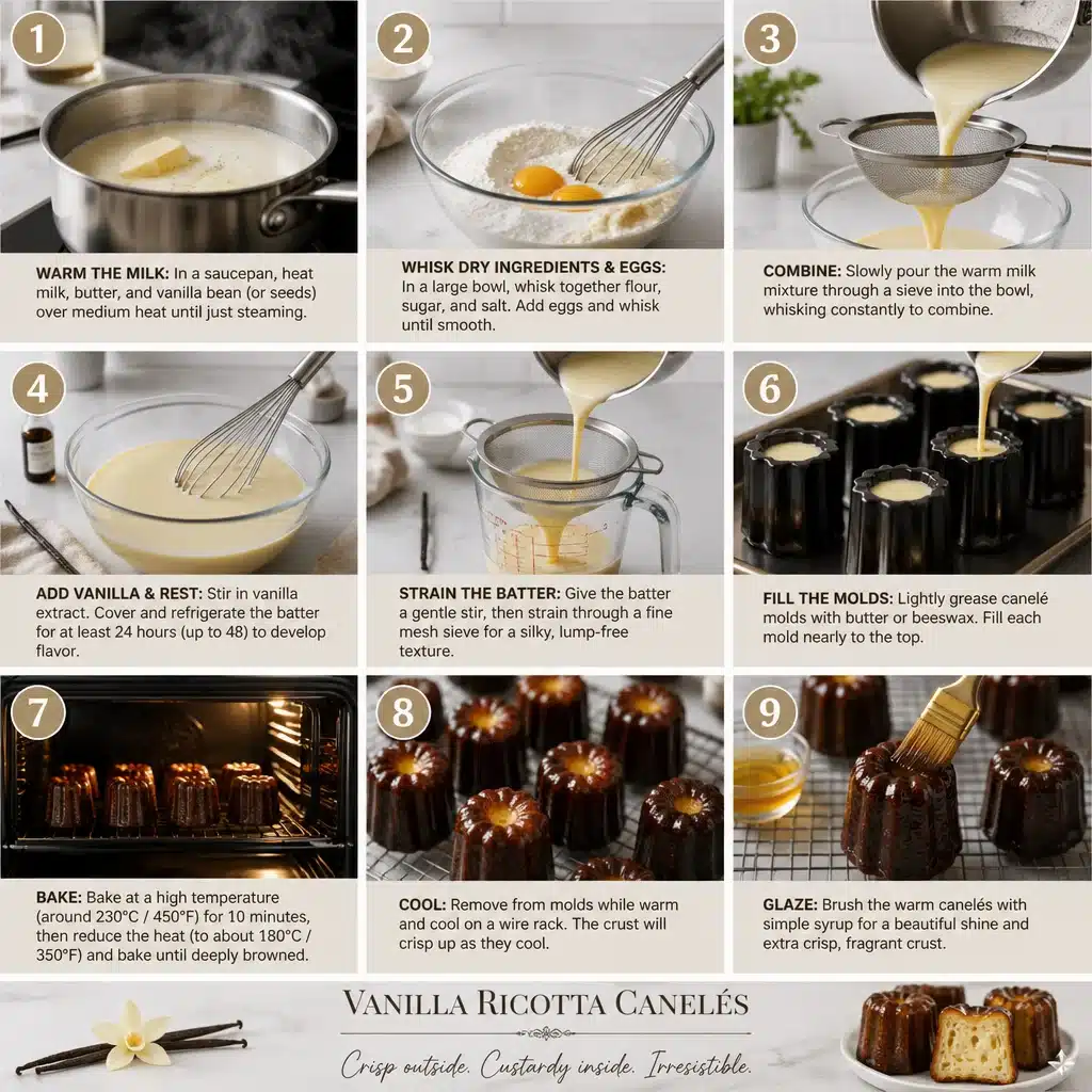 Vanilla Ricotta Canelés with Coffee Glaze (Party-Ready)