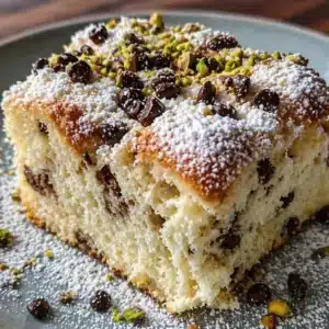 Warm Cannoli Ricotta Sheet Cake topped with sweet ricotta cream and chocolate chips.