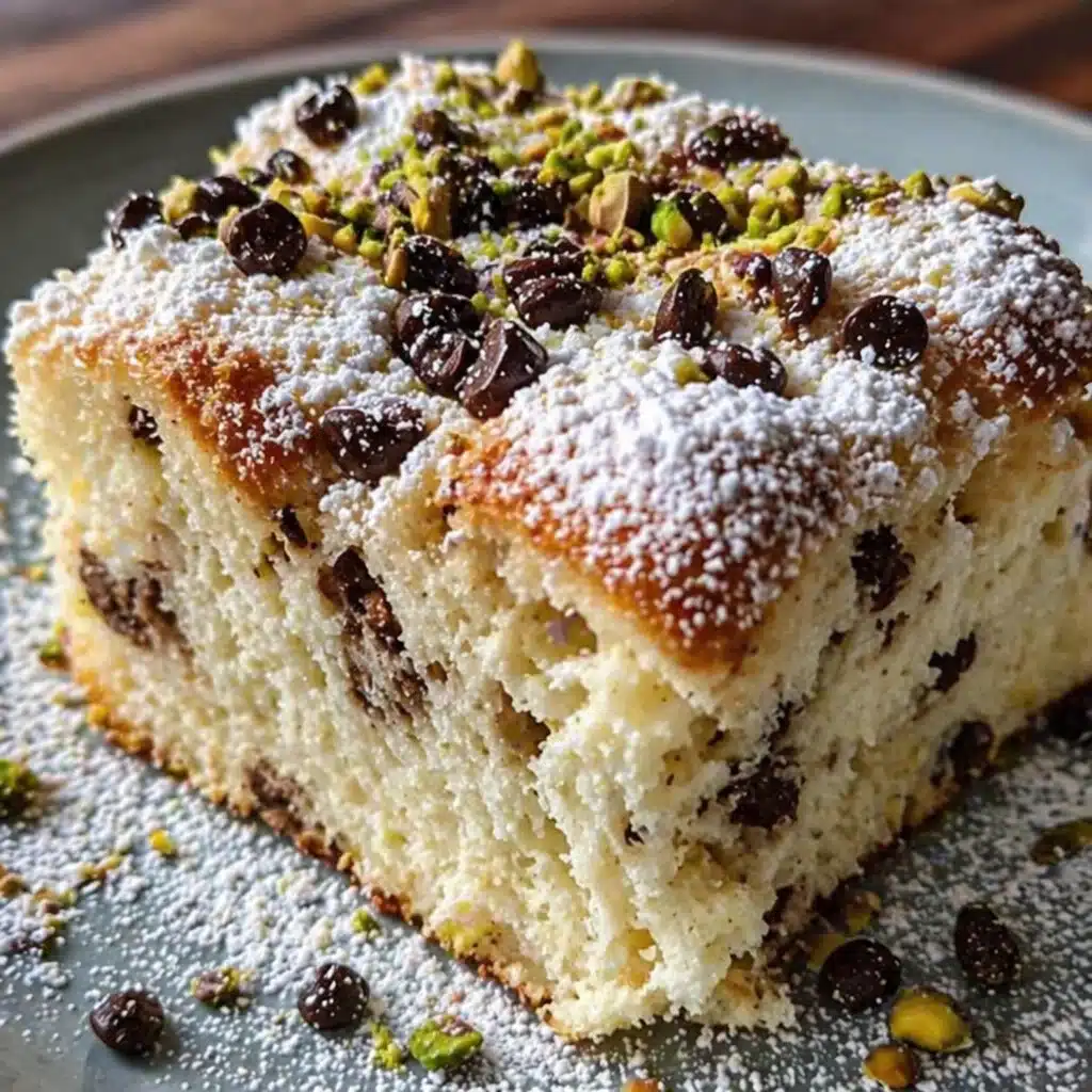 Warm Cannoli Ricotta Sheet Cake topped with sweet ricotta cream and chocolate chips.