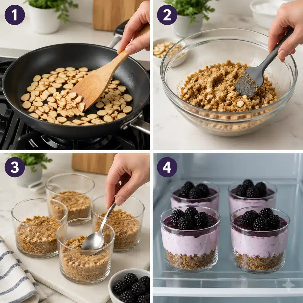 Delightfully Creamy No-Bake Blackberry Cheesecake Cups with Toasted Almond Crust