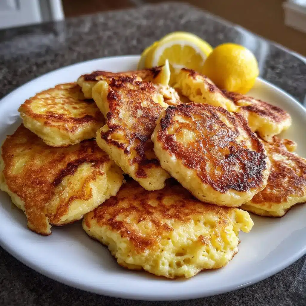 Fluffy ricotta lemon pancakes stacked on a plate with fresh lemon slices.