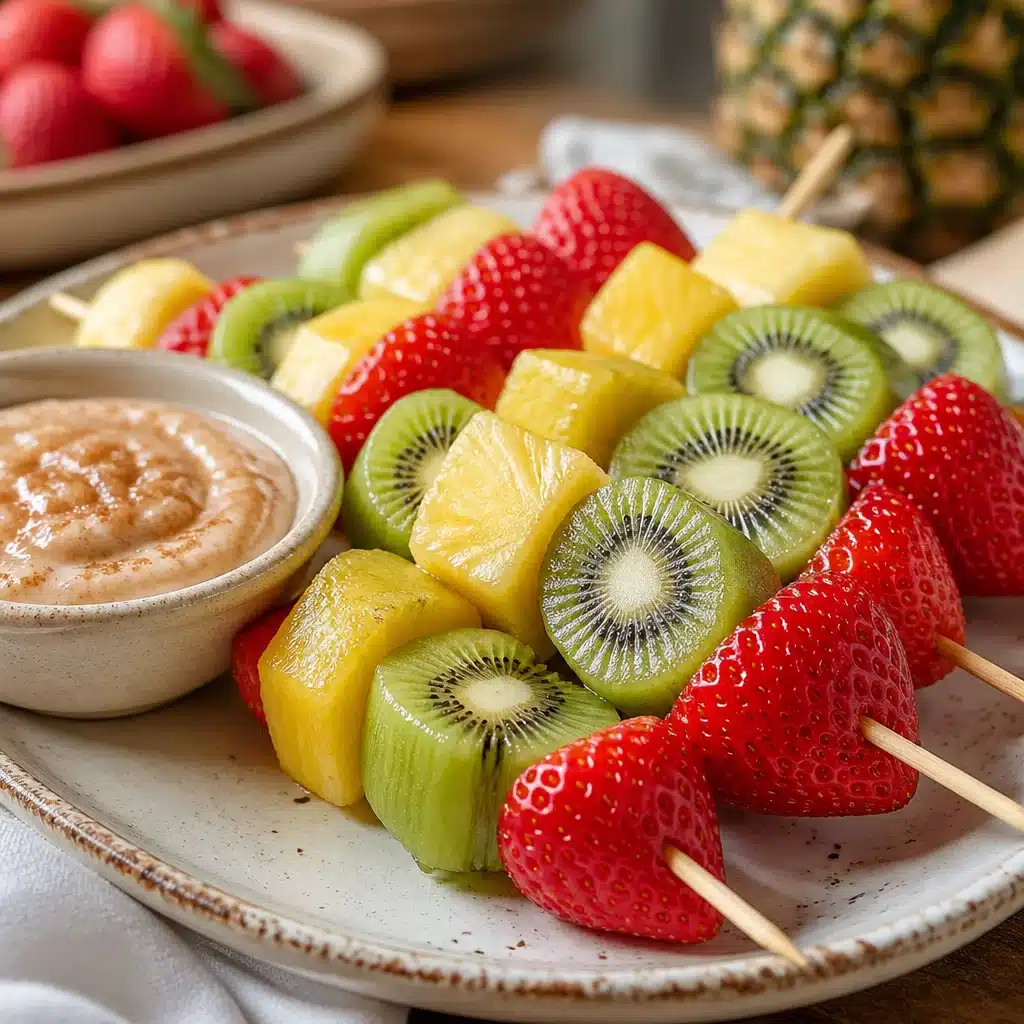 Colorful Fresh Fruit Skewers with a Cinnamon Sugar Dip, perfect for picnic gatherings.