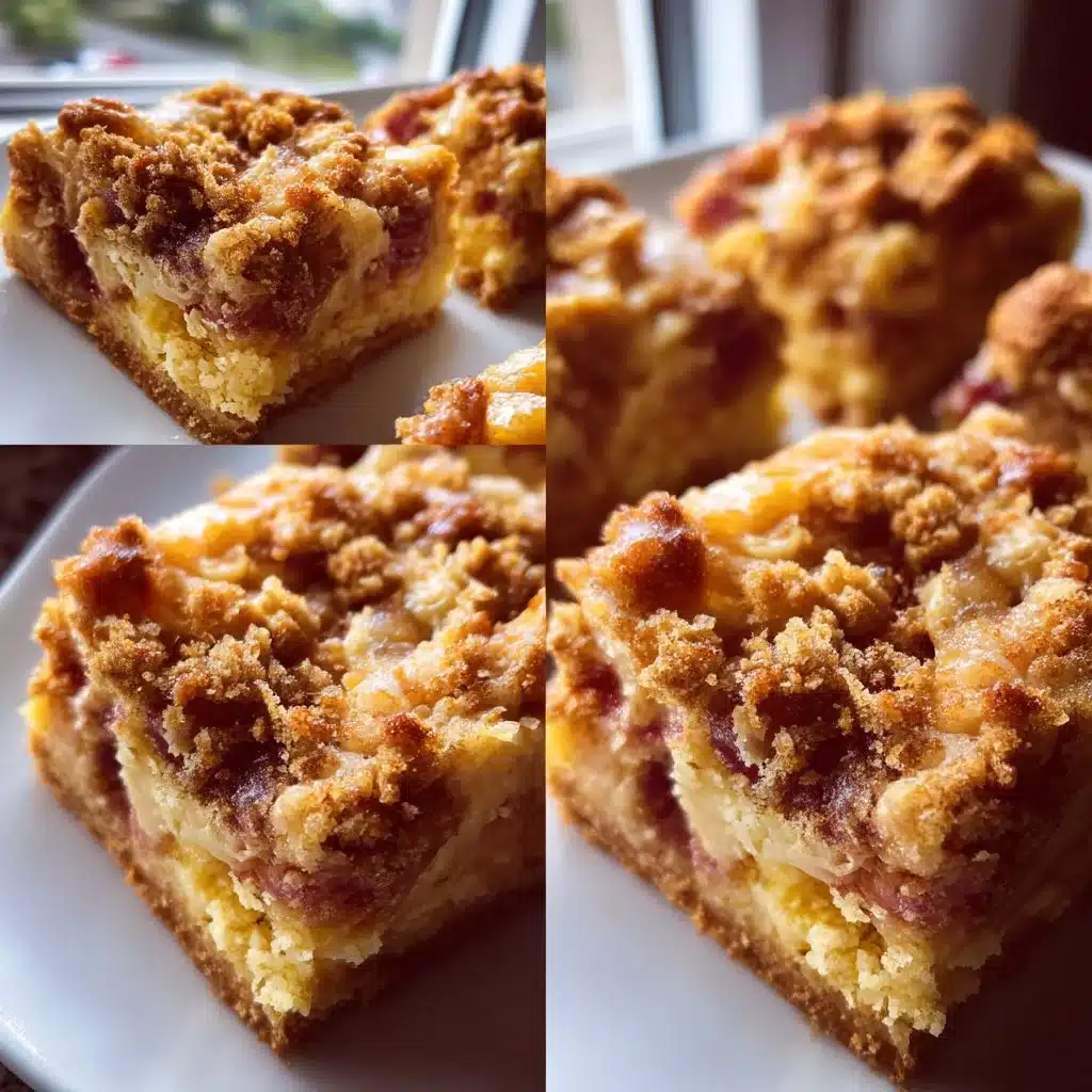 Ginger Rhubarb Blondie Bars with Mascarpone topping on a serving plate.