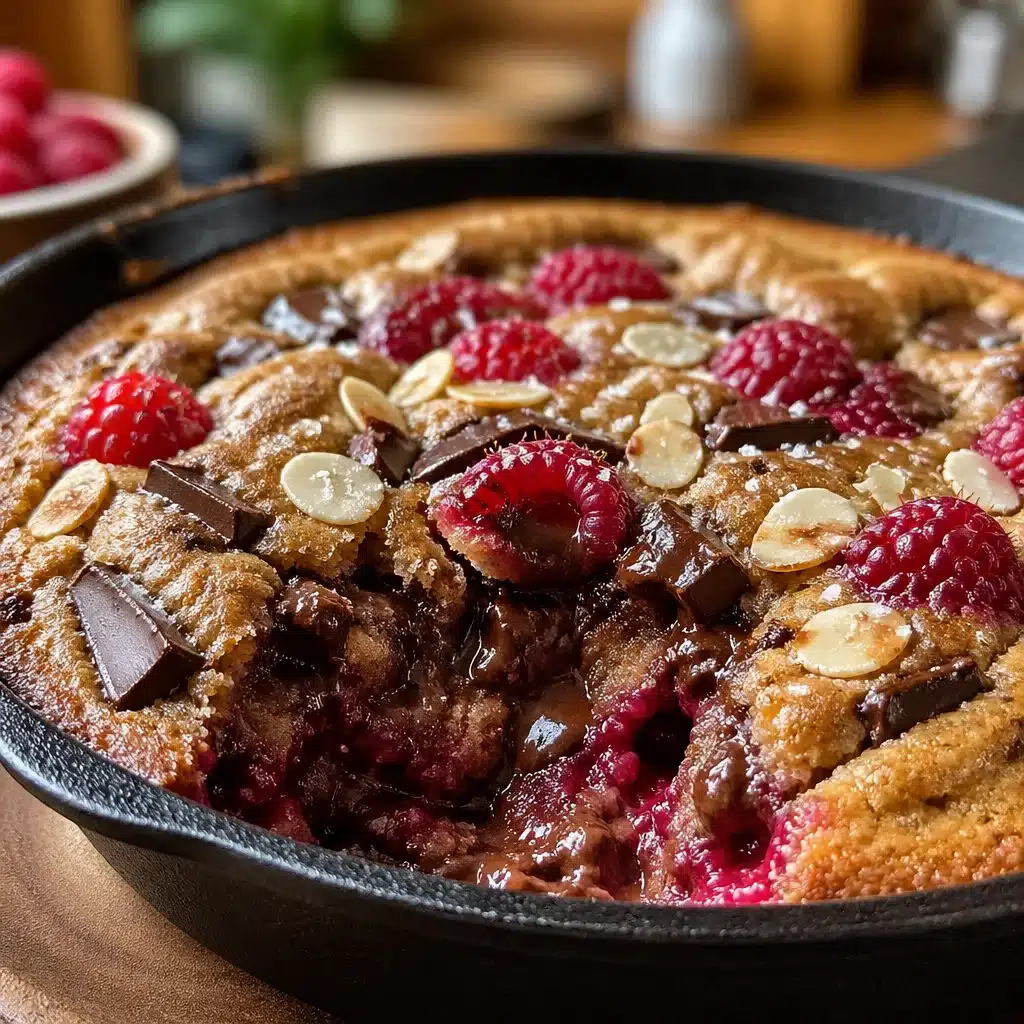 Giant Raspberry Almond Skillet Cookie with gooey center and crispy edges