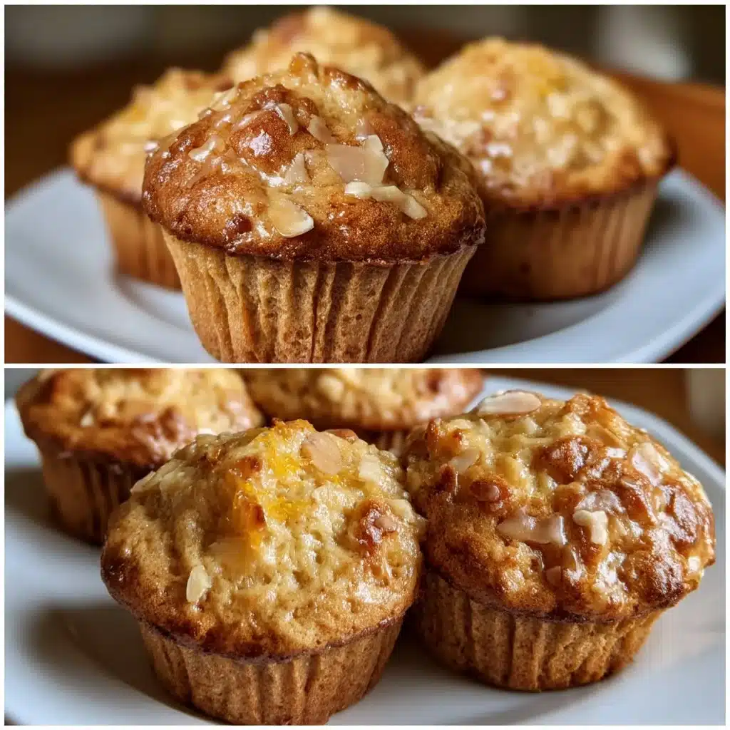 Grapefruit Almond Mascarpone Muffins fresh out of the oven, topped with almonds.