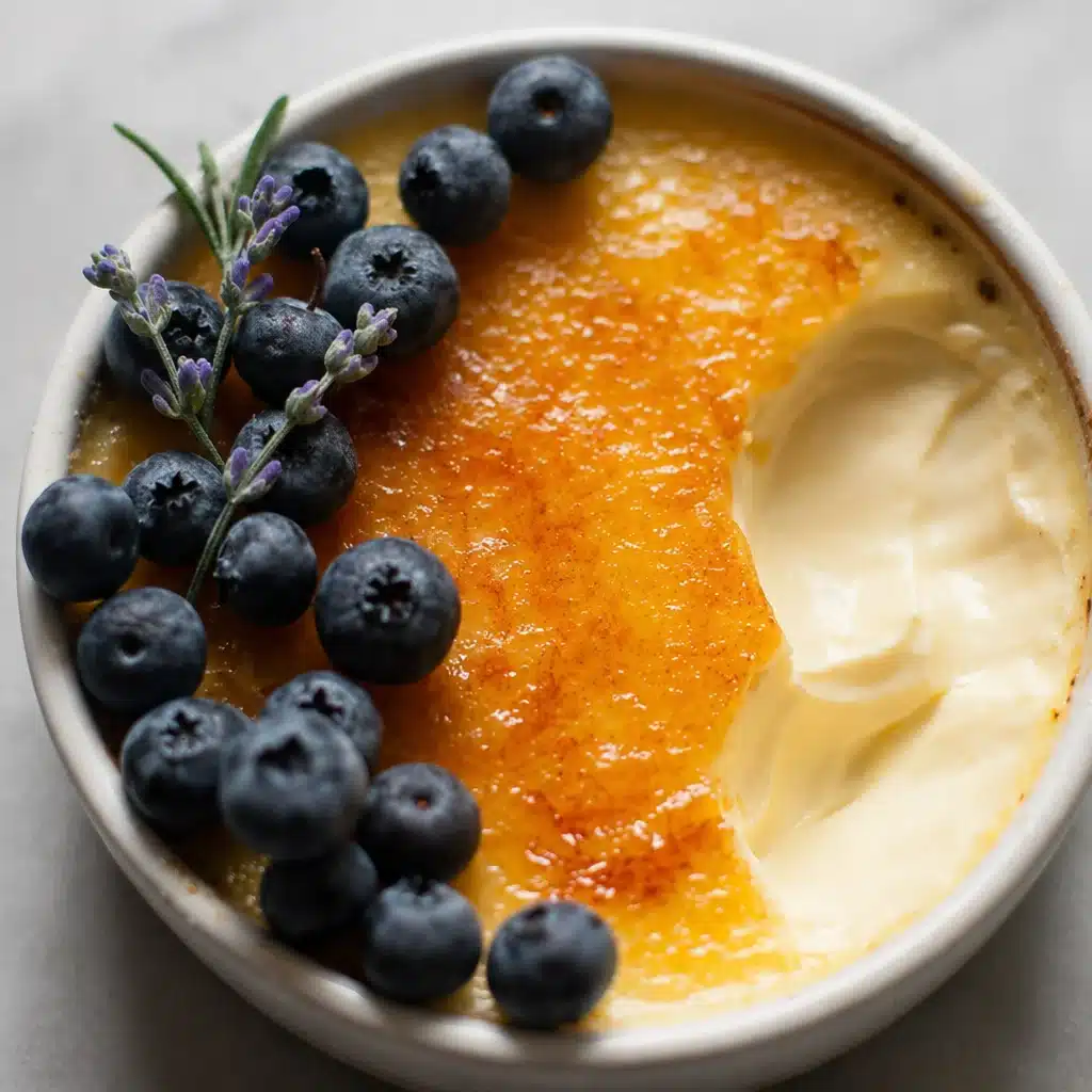 Lavender-Infused Flan garnished with lavender flowers and a caramel drizzle.