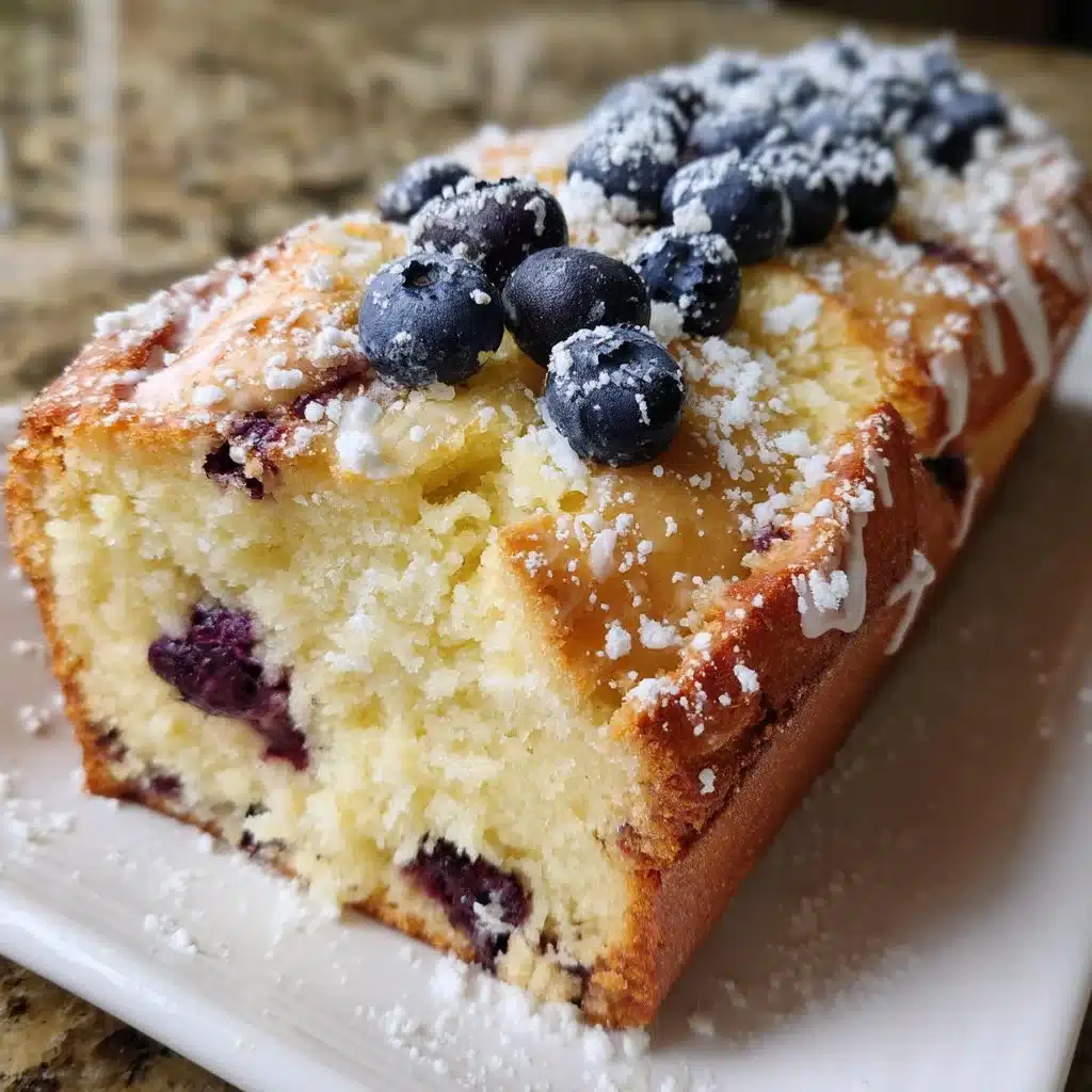 Lemon Blueberry Ricotta Loaf 4 Lemon blueberry ricotta loaf displayed on a rustic wooden table