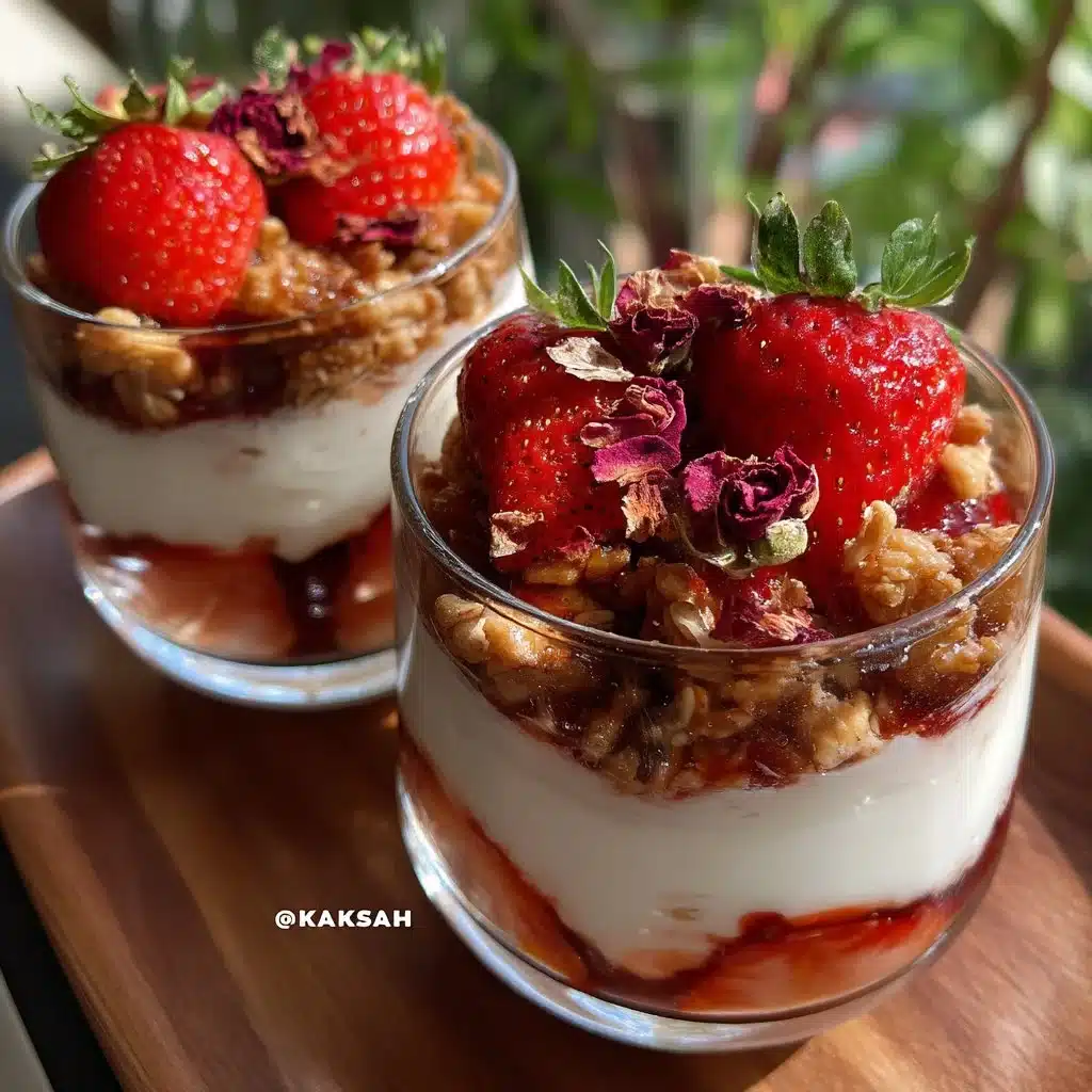 Strawberry rose ricotta parfaits layered with fresh strawberries and creamy ricotta