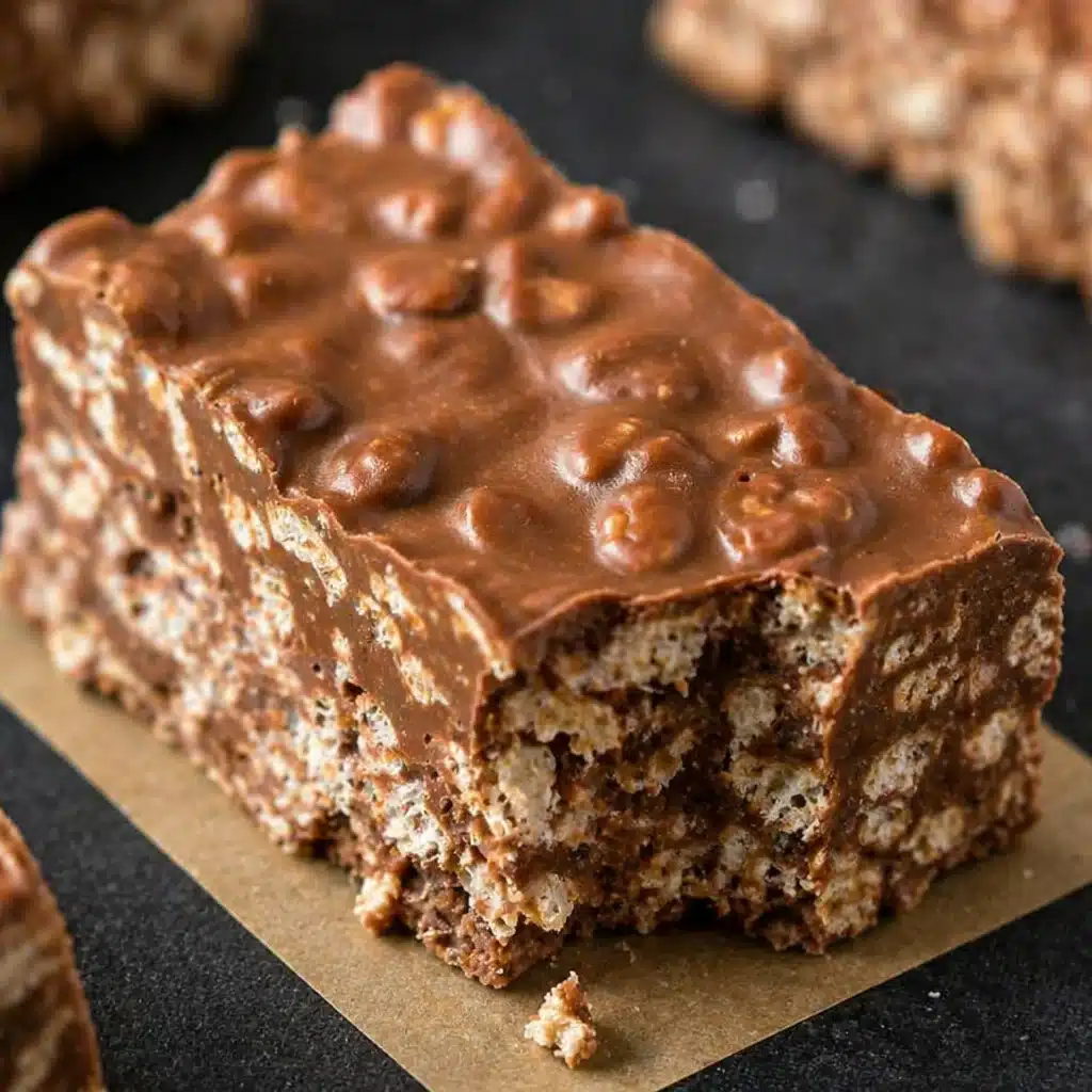 Delicious No-Bake Peanut Butter Crunch Bars topped with chocolate and crispy rice cereal.