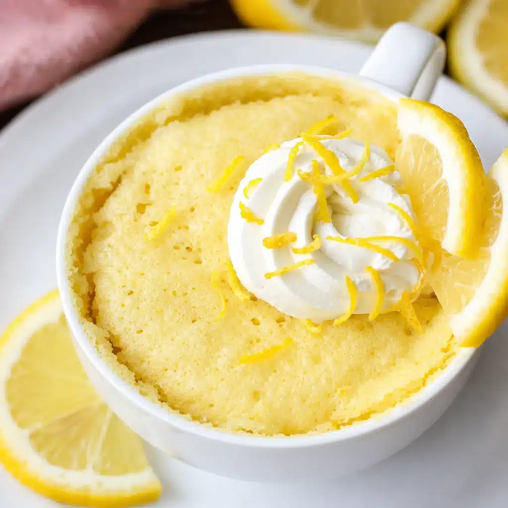 One-Bowl Lemon Mug Cake ready in 5 minutes, a sweet summer treat made in the microwave.
