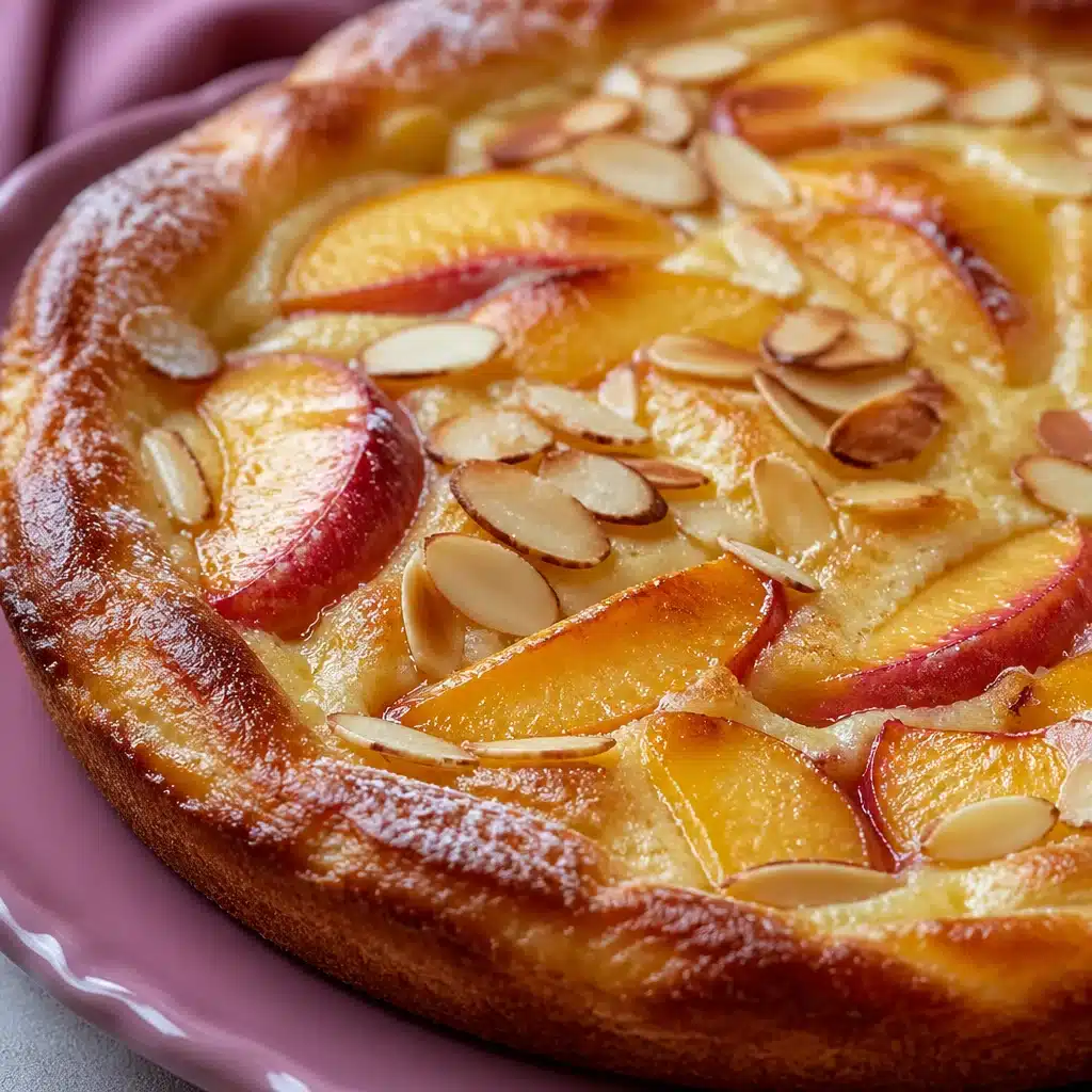 Peach Almond Clafoutis with juicy peaches and almond topping, served warm.