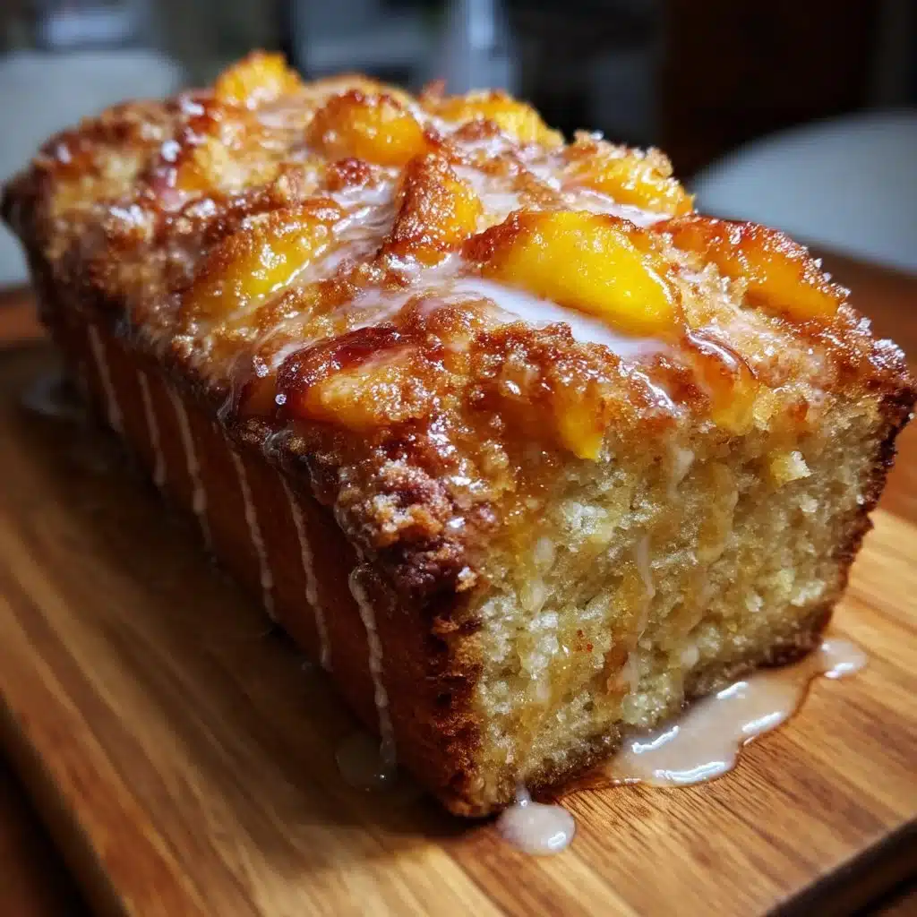 Peach Brown Butter Mascarpone Loaf Cake topped with fresh peaches and icing