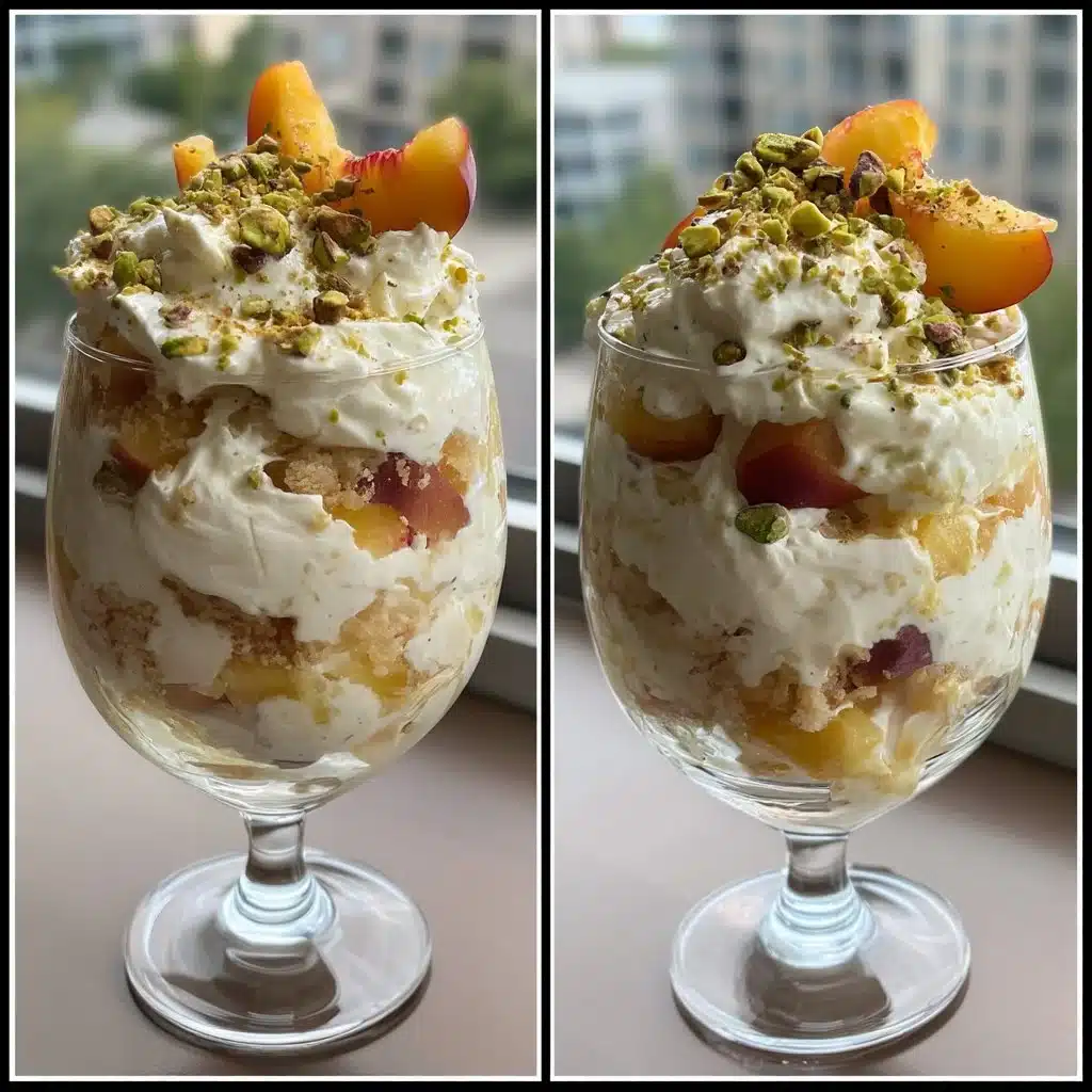 Delicious Peach Pistachio Mascarpone Parfaits served in elegant glass cups