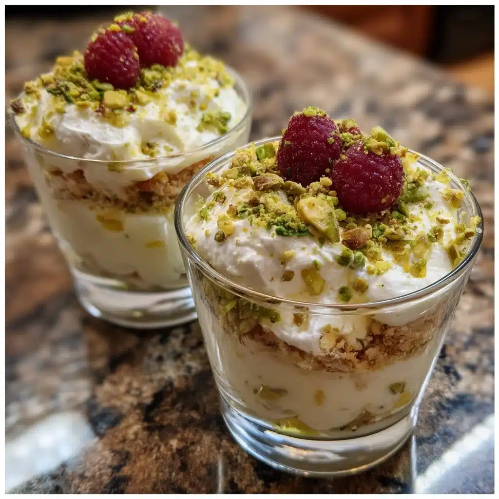 Lemon pistachio ricotta parfaits served in clear cups, perfect for a picnic.