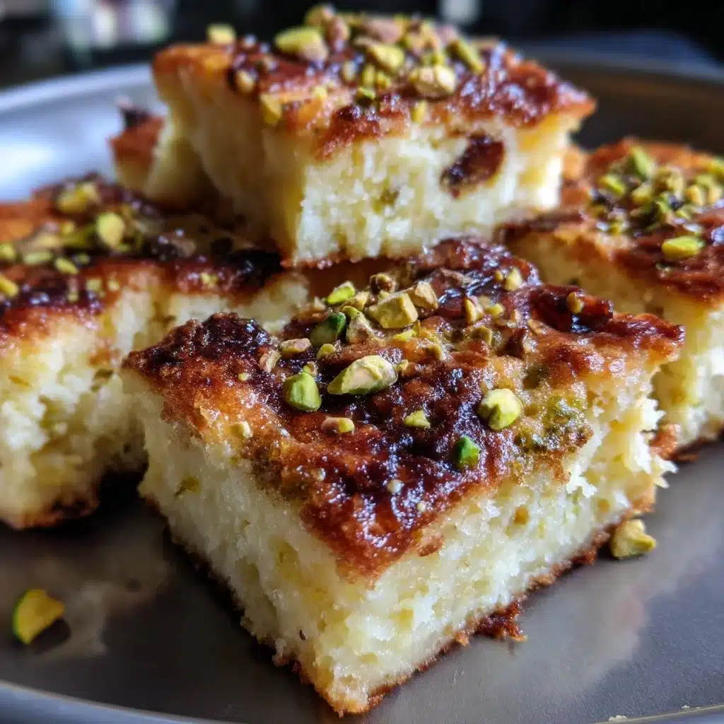 Pistachio Honey Ricotta Breakfast Squares served on a plate with fresh fruit.