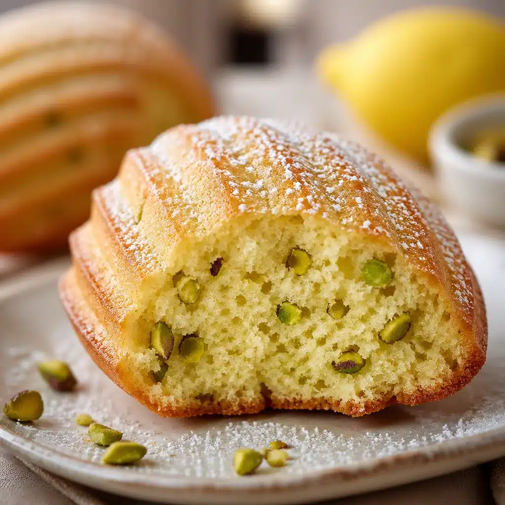 Pistachio Lemon Madeleines showcasing their fluffy texture and vibrant color.