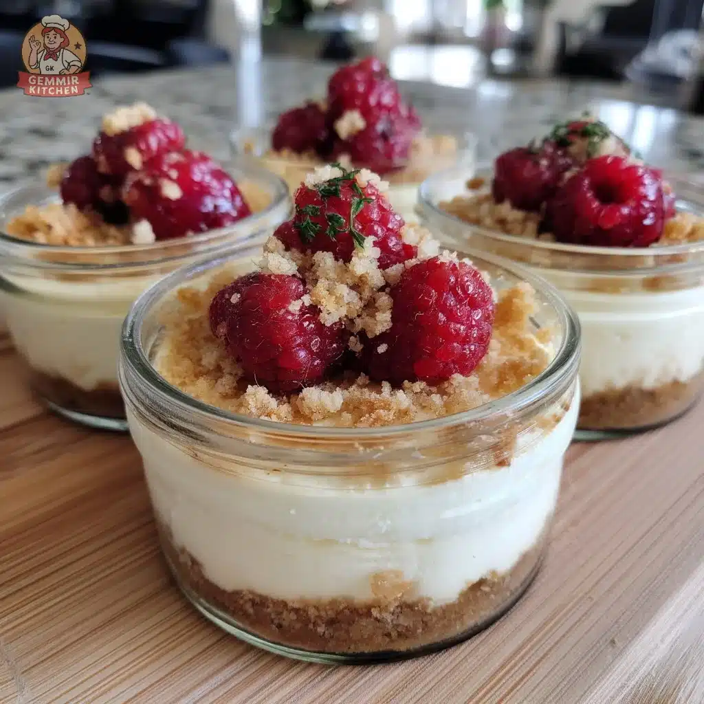 Delicious Raspberry Key Lime Ricotta Cheesecake Jars topped with fresh raspberries