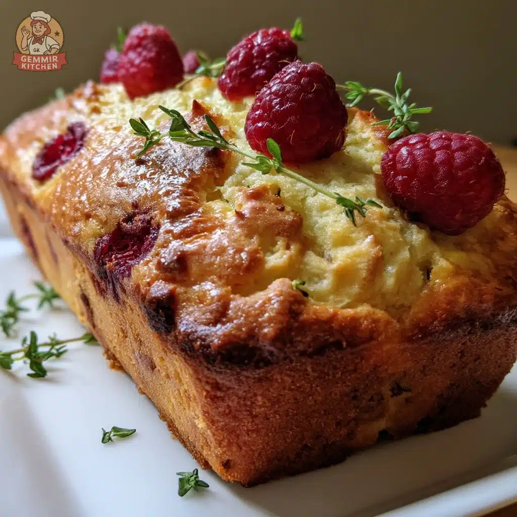 Raspberry Thyme Ricotta Loaf Cake with fresh raspberries and thyme sprigs.