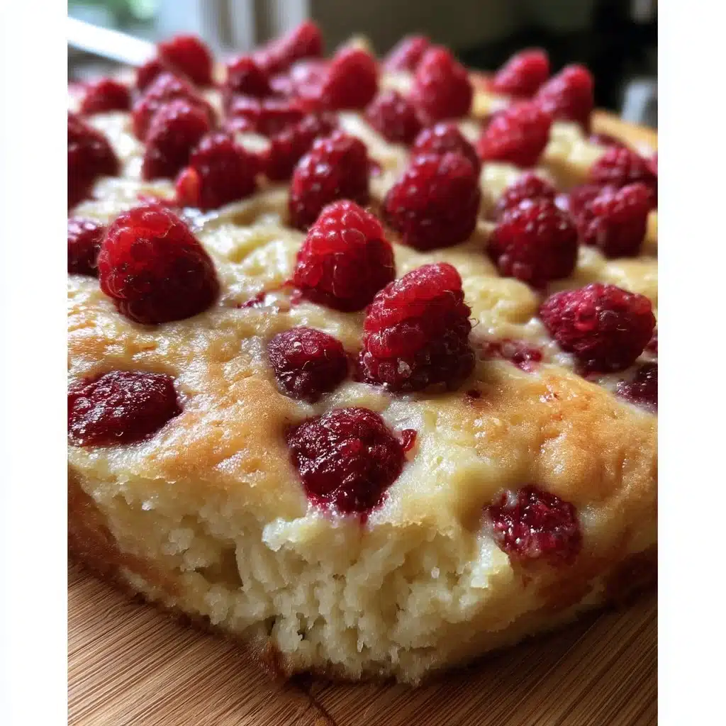 Raspberry Vanilla Ricotta Snack Cake topped with fresh raspberries and cream