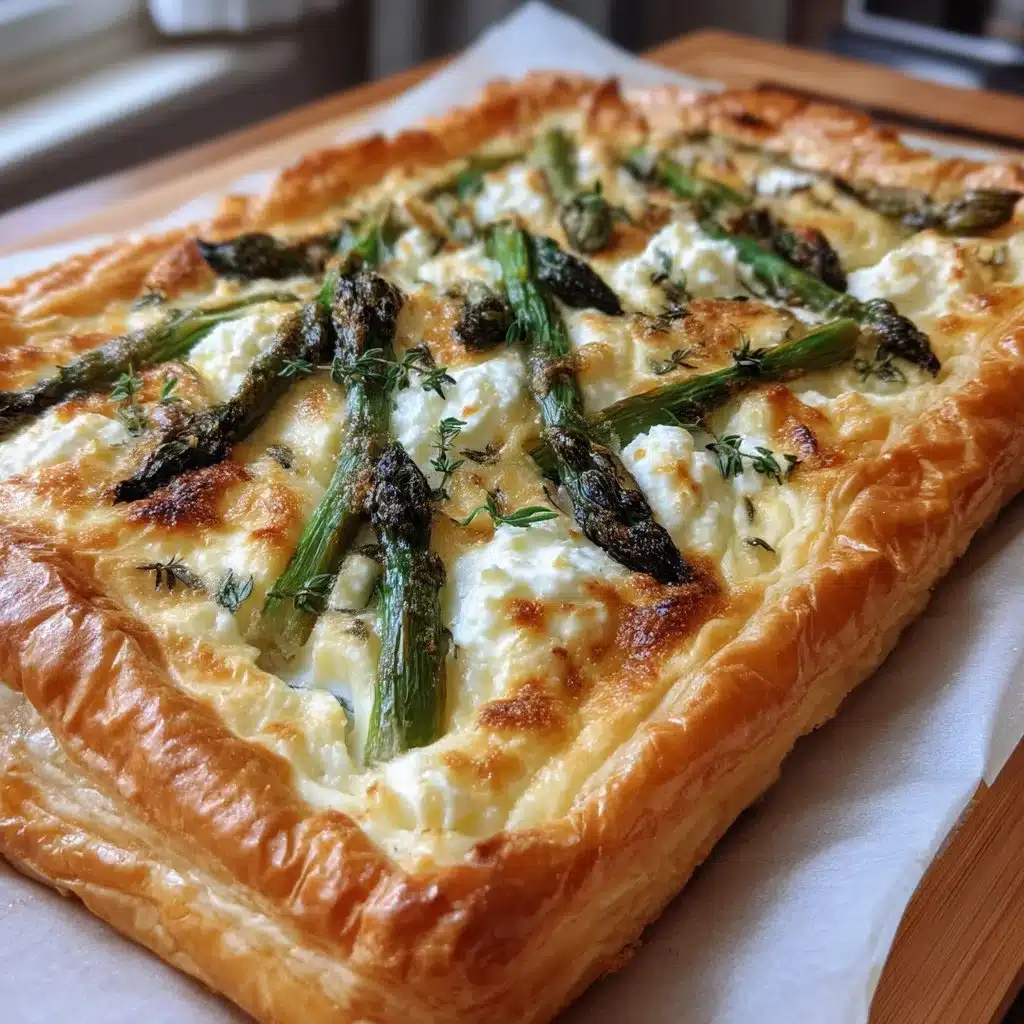 Savory asparagus ricotta tart topped with fresh herbs on a white plate