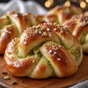 Soft Pistachio Cream Knots, buttery pastry with pistachio cream filling.