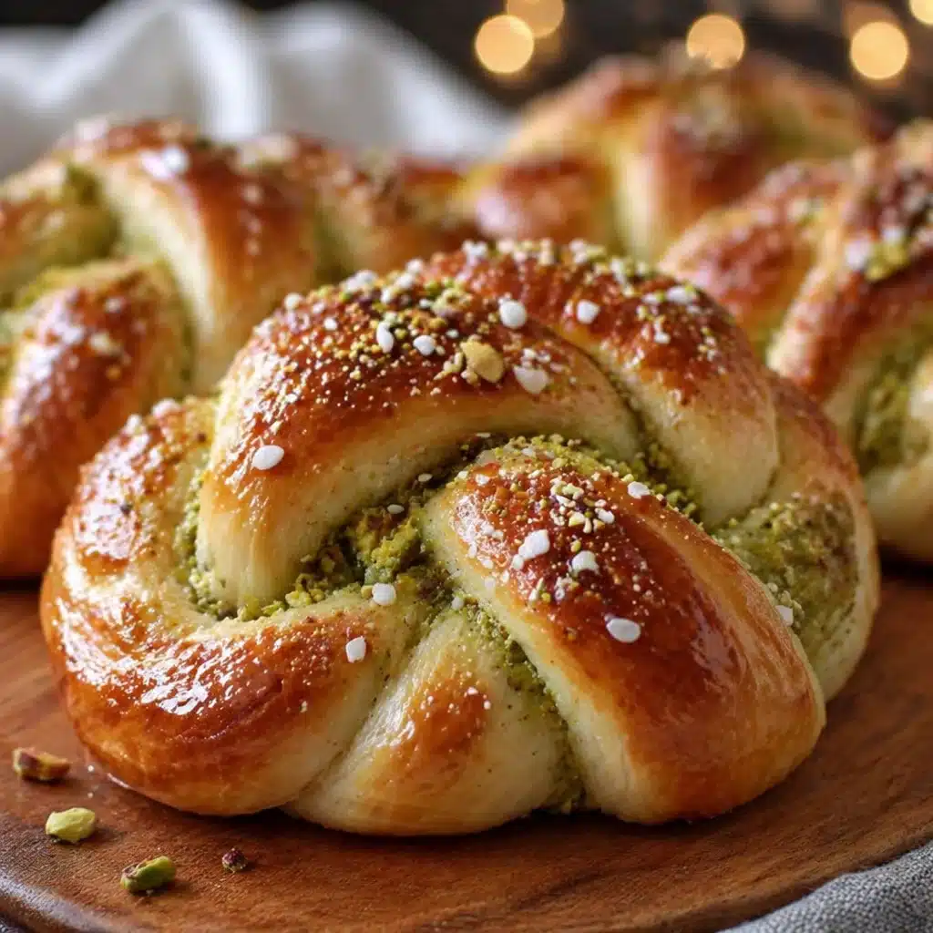 Soft Pistachio Cream Knots, buttery pastry with pistachio cream filling.