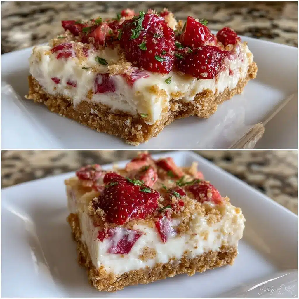 Strawberry Graham Ricotta No-Bake Bars on a white plate with fresh strawberries