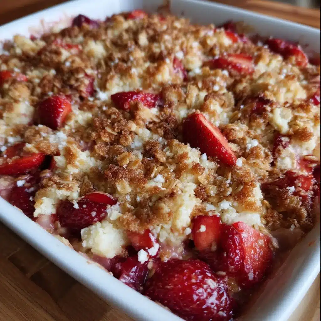 Delicious Strawberry Rhubarb Mascarpone Crumble dessert topped with crumbles