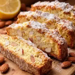 Plate of crunchy Limoncello Almond Biscotti with almonds and lemon zest