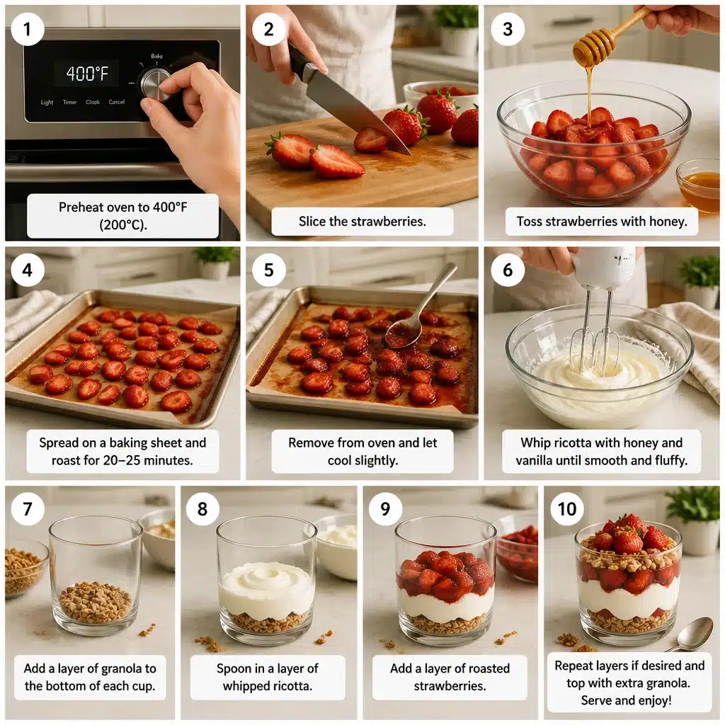 Whipped Ricotta Honey Parfaits – Creamy & Light – Roasted Strawberry Topping