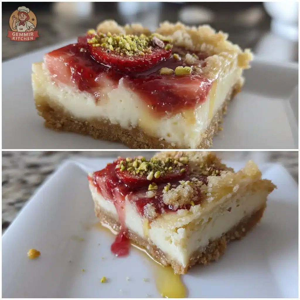 Cozy creamy strawberry pistachio cheesecake bars on a white plate