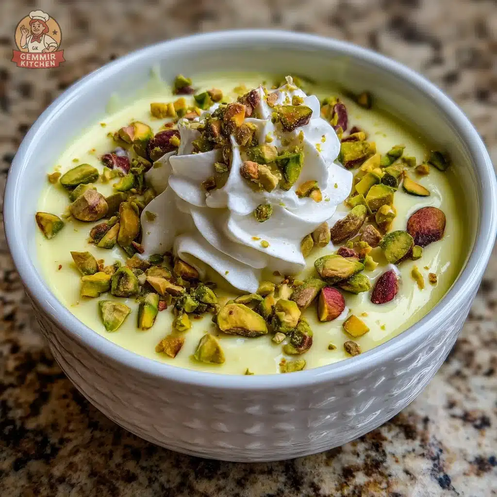 Cozy Creamy Vanilla Pistachio Dessert 4 Delicious creamy vanilla pistachio dessert served in a bowl