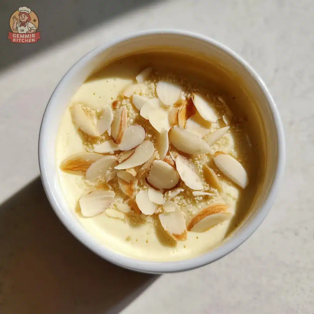 Creamy almond dessert in a bowl, showcasing a cozy old-fashioned treat.