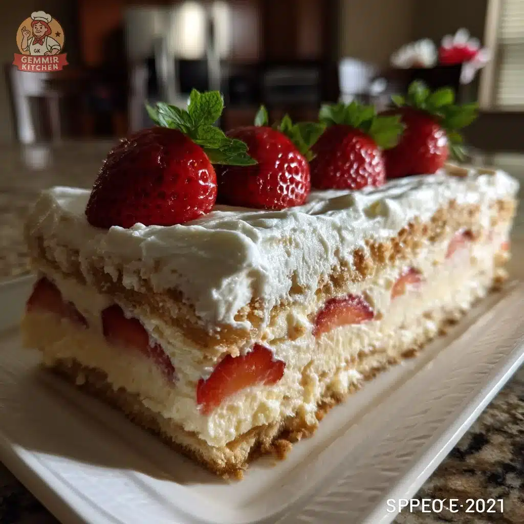Creamy Cozy Old-Fashioned No-Bake Strawberry Vanilla Icebox Cake 4 Old-fashioned no-bake strawberry vanilla icebox cake served on a plate.