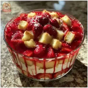 Delicious homemade old-fashioned vanilla strawberry trifle with fresh strawberries