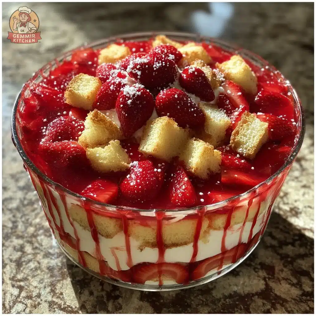 Delicious homemade old-fashioned vanilla strawberry trifle with fresh strawberries