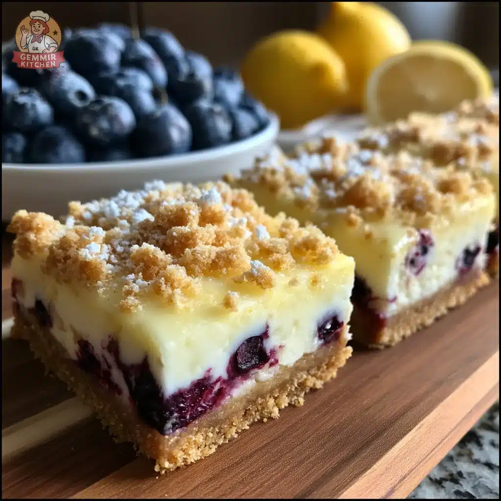 Old-fashioned lemon blueberry mascarpone bars with a creamy layer