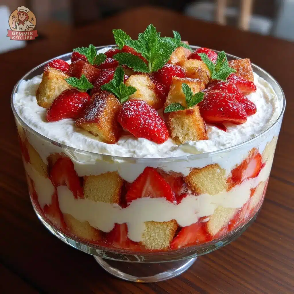 Old-fashioned creamy vanilla strawberry trifle dessert in a glass bowl