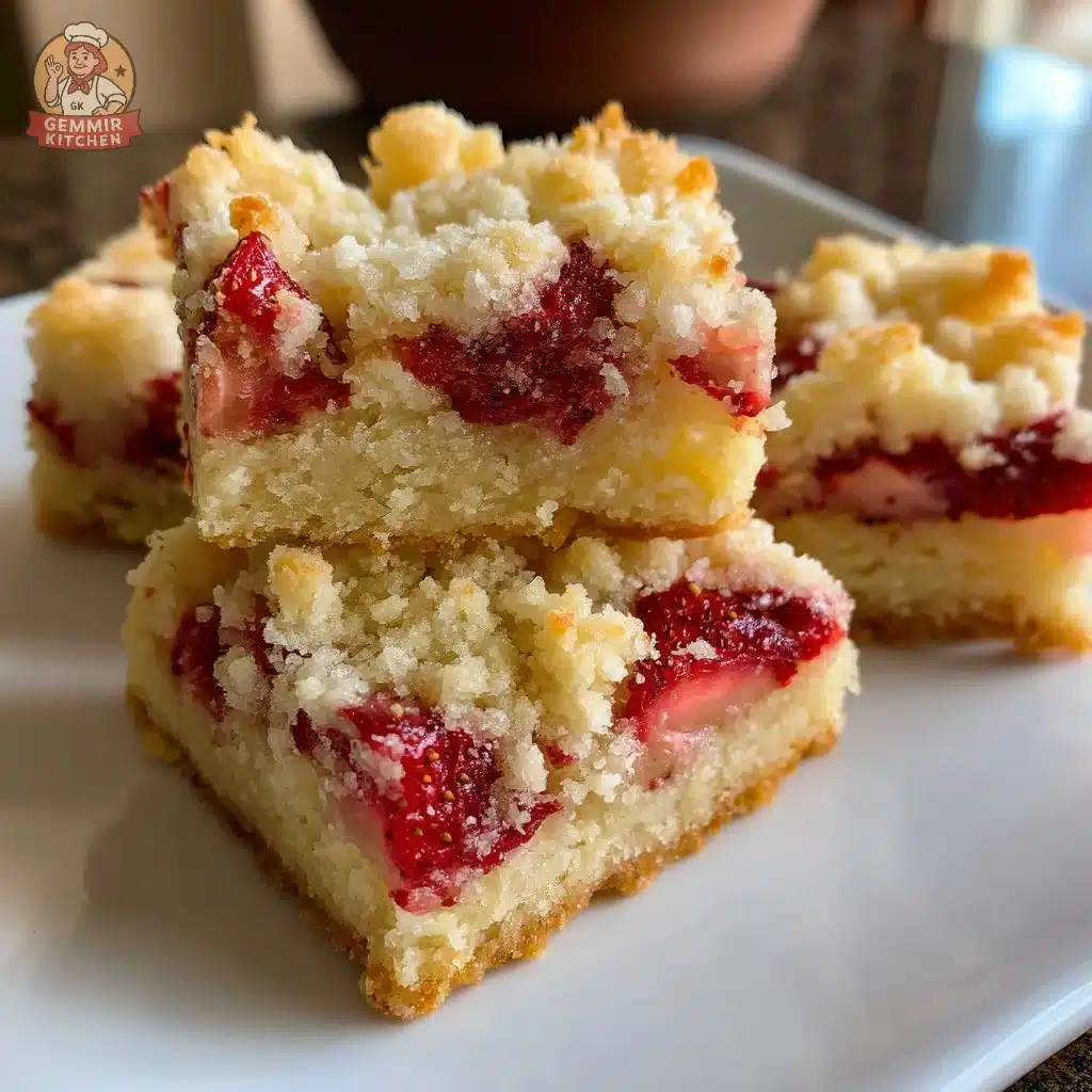 Delicious old-fashioned strawberry shortbread bars in a bowl.