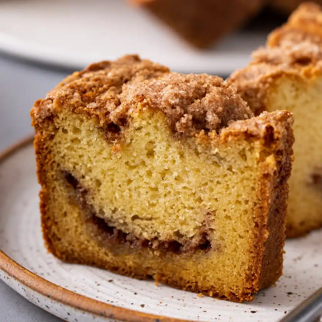 Slice of moist Sour Cream Coffee Cake with cinnamon streusel topping