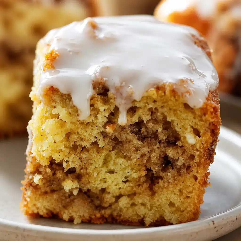 Delicious Cinnamon Bun Cake with sweet cinnamon swirls and vanilla frosting glaze.