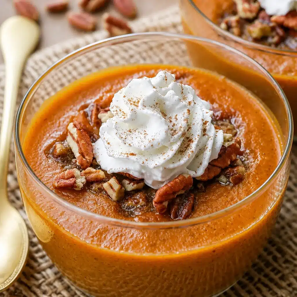 Homemade Pumpkin Custard topped with pecans and whipped cream