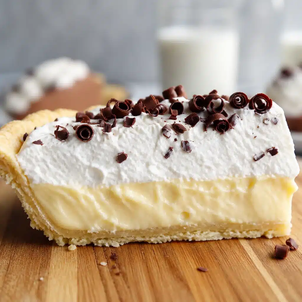 Homemade Vanilla No Bake Pie served on a vintage plate with whipped cream.