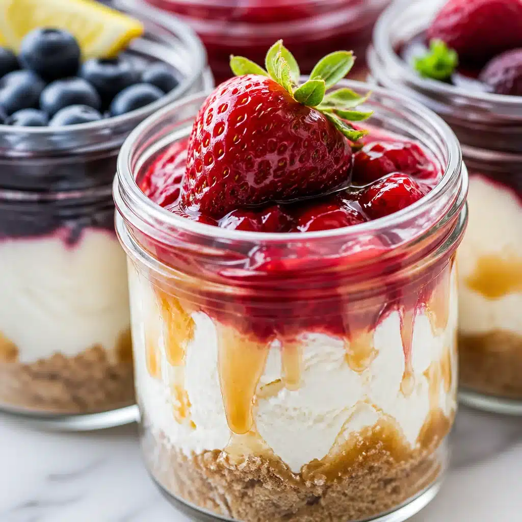 Delicious No-Bake Caramel Cheesecake Jars for Your Next Gathering 4 No-Bake Caramel Cheesecake Jars with creamy filling and caramel drizzle