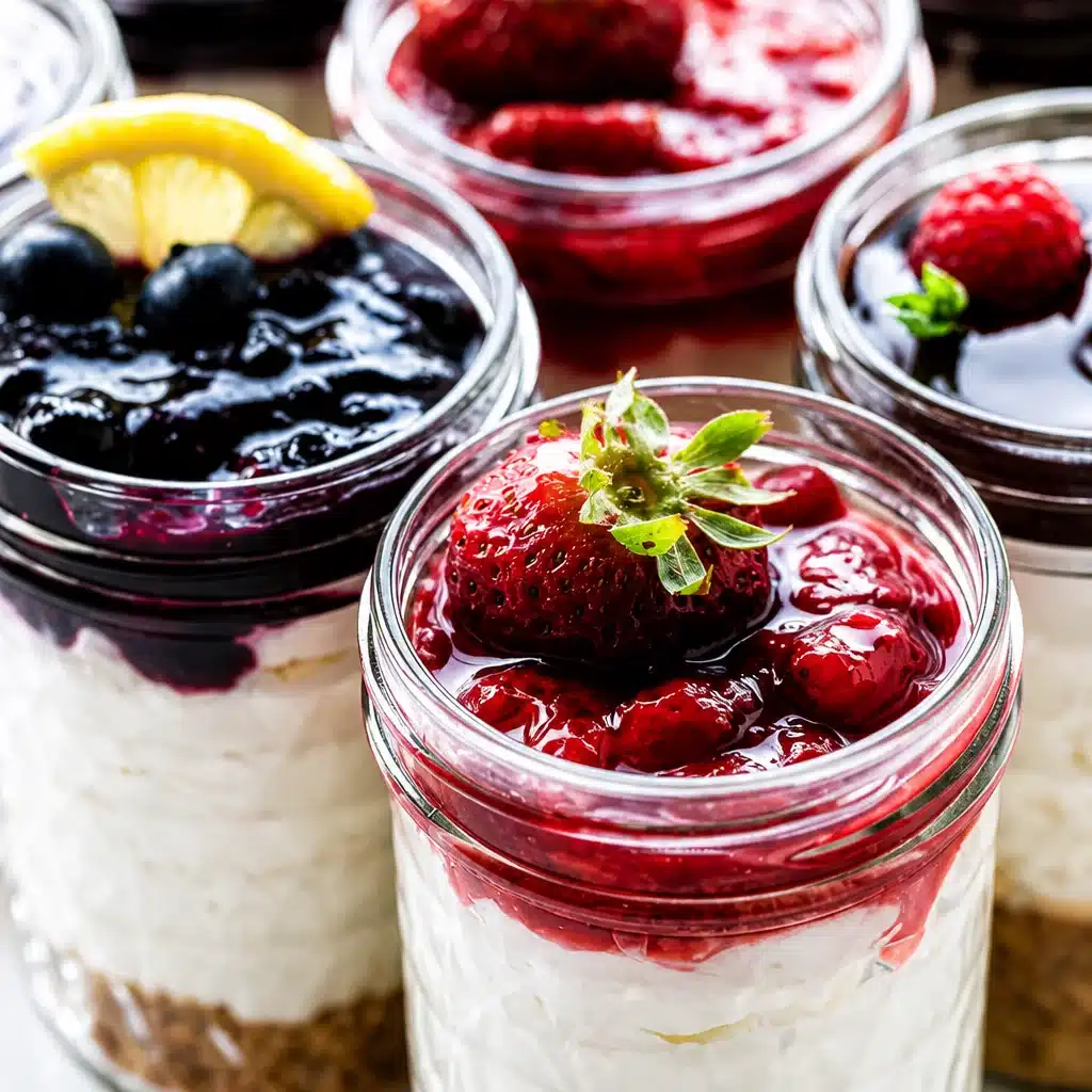 Delicious No-Bake Cherry Cheesecake Jars - A Simple Crowd Pleaser 4 Delicious No-Bake Cherry Cheesecake Jars served in mason jars.